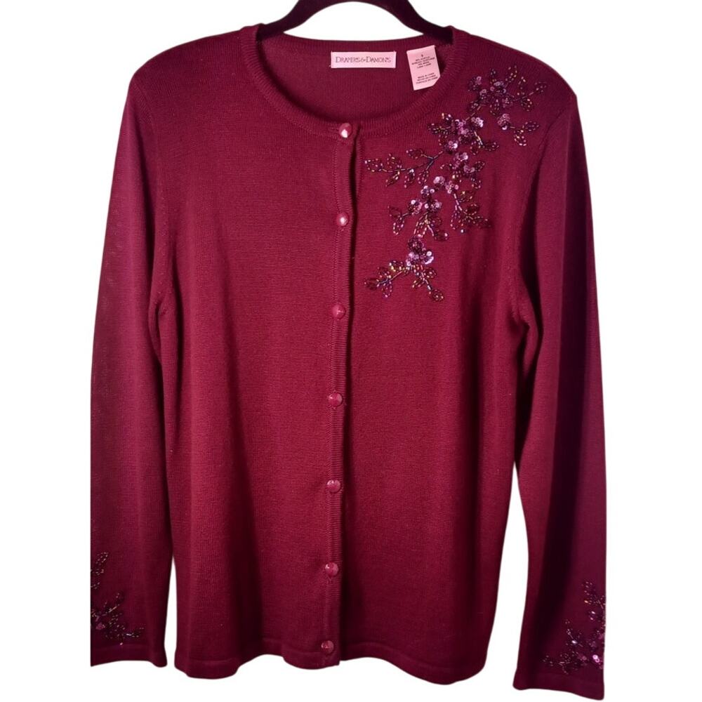 VTG Draper's & Damon's Purple Beaded Sequin Cardigan Sweater Women's Size Small